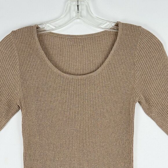 Women’s Ribbed Knit Top Shiny Metallic Stretch Scoop Neck Half Sleeve BM M - Picture 2 of 12